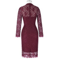 Kate Kasin Mujeres Elegante Delgado Ajustar Manga Larga Hips-Wrapped Vino rojo Lace Bodycon Pencil Dress KK001006-1